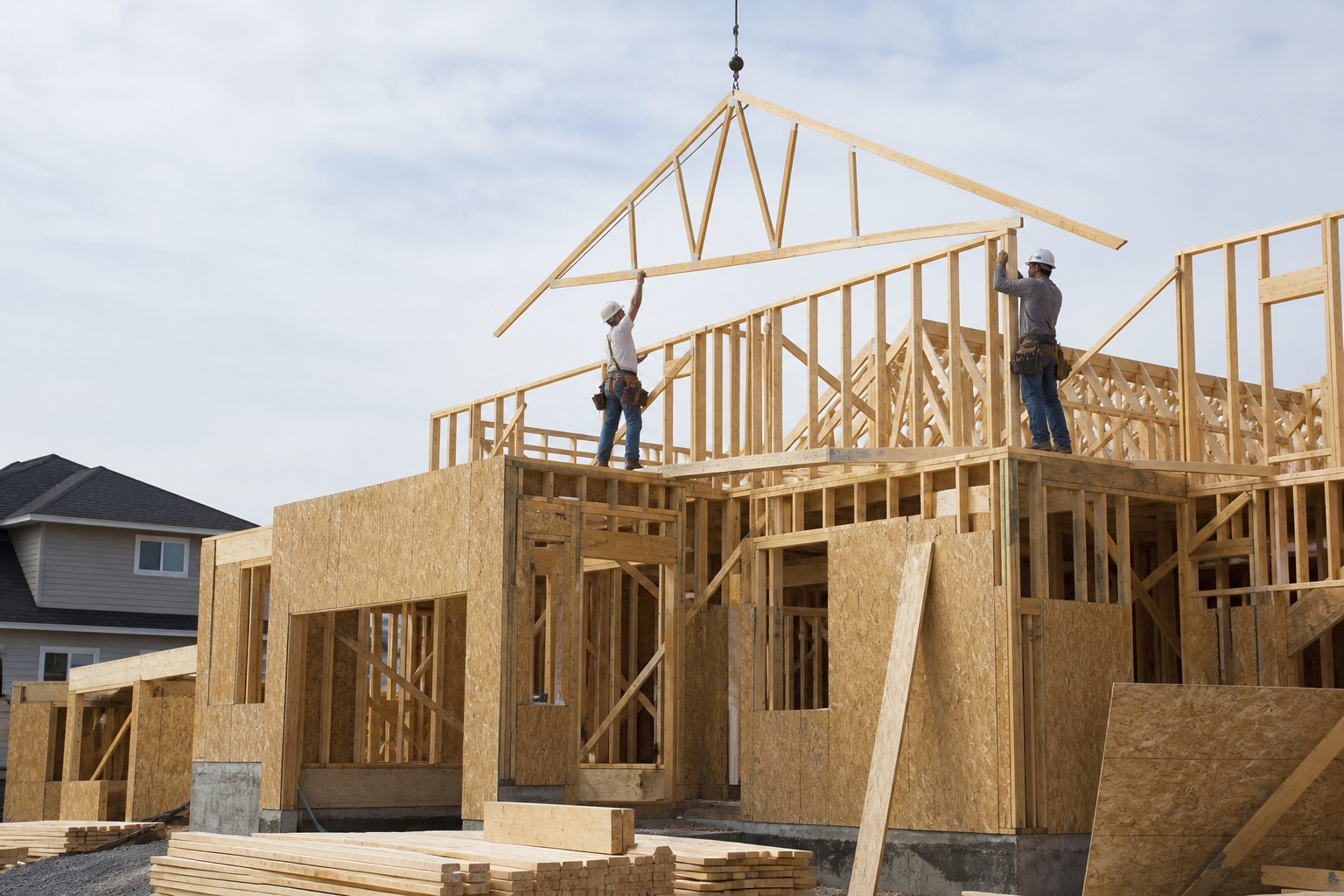 Two framers setting a roof truss on a two-story wood house frame
