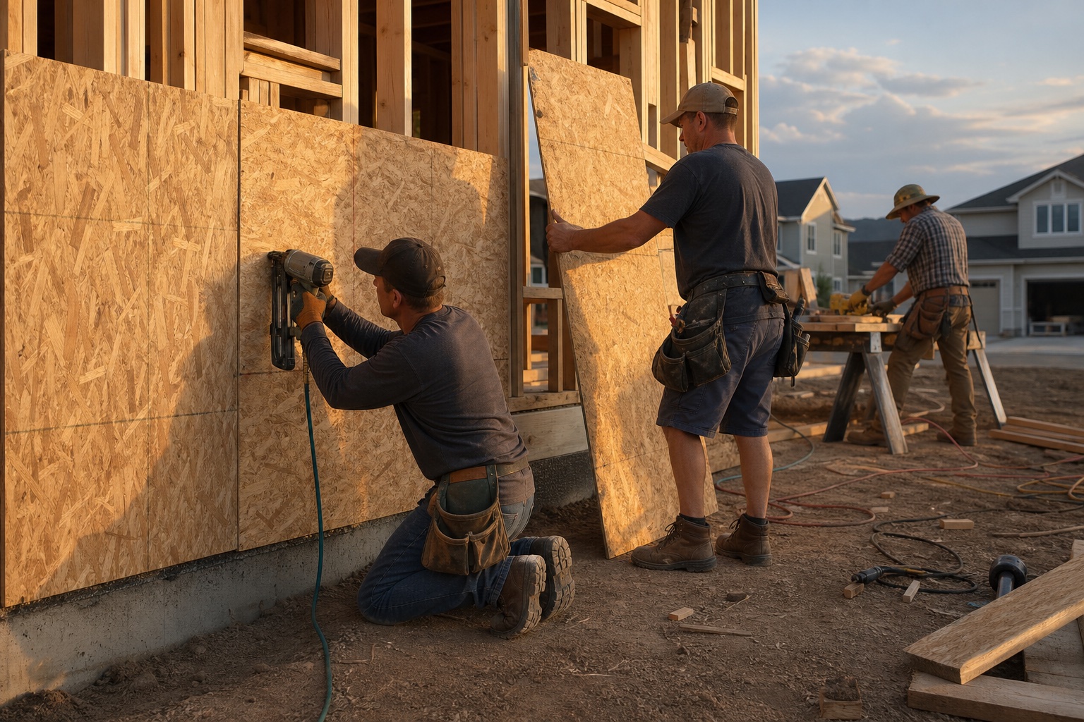 Crew nailing sheathing onto an exterior framed wall