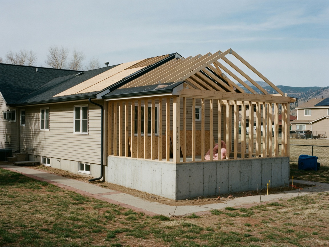 One-story wood-framed addition tied onto an existing ranch
