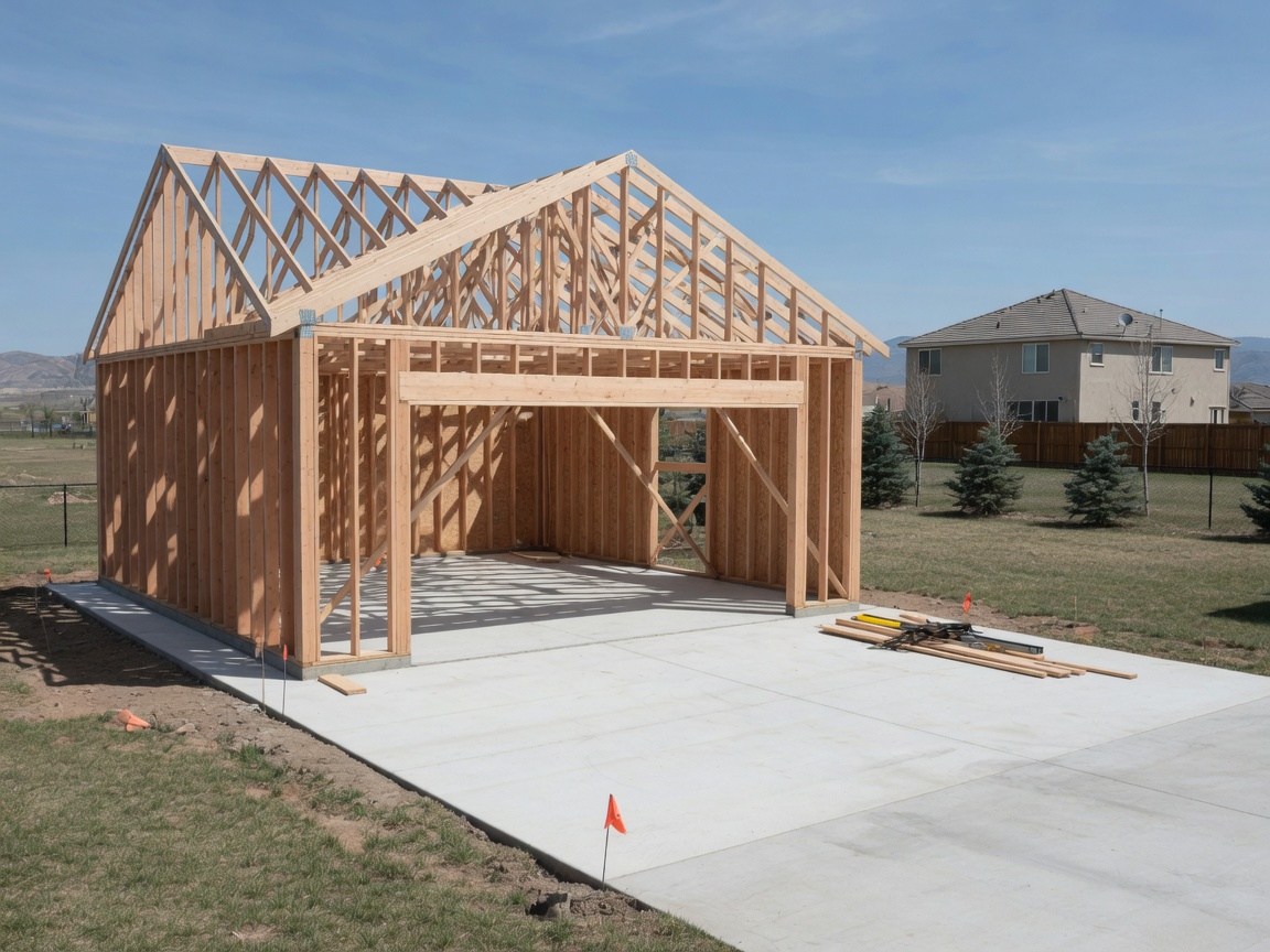 Detached two-car garage wood frame on a concrete pad